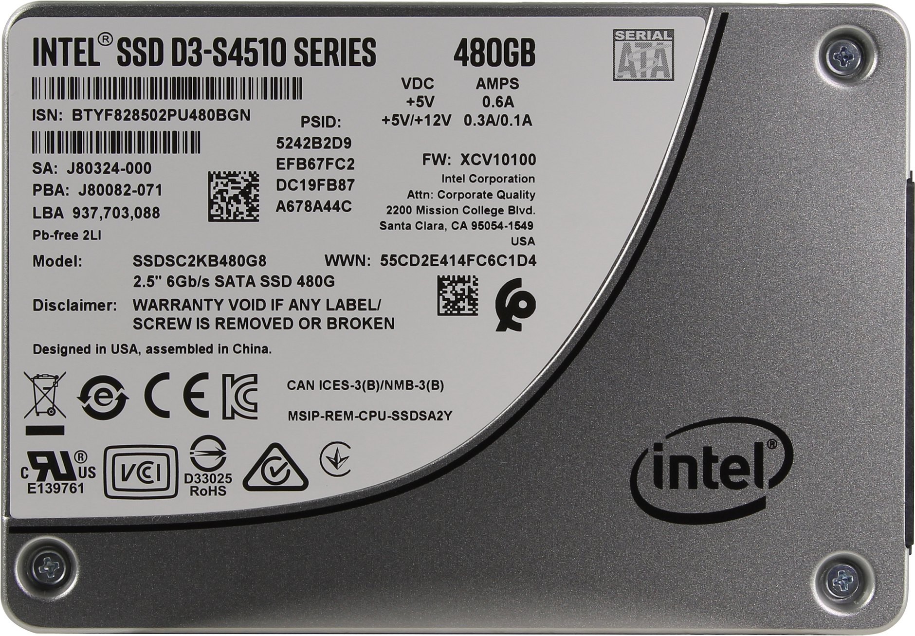 Жесткий диск SSD 480Gb Intel D3-S4510 Series (SSDSC2KB480G801) (SATA-6Gb/s, 2.5