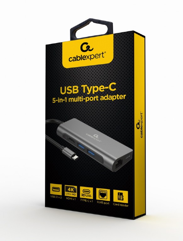 Переходник Cablexpert A-CM-COMBO5-01 Multiport Type-C to (2xUSB3+HDMI+PD+SD CR+GLAN)