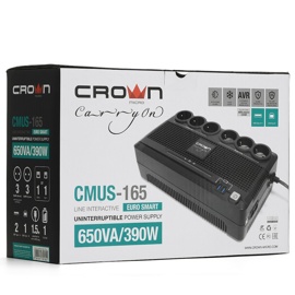 Источник бесперебойного питания 650VA Crown CMUS-165 EURO SMART Line Interactive 390W, розетки 3*EURO с резервным питанием и фильтрацией + 3*EURO Bypass, RJ-11/45, USB