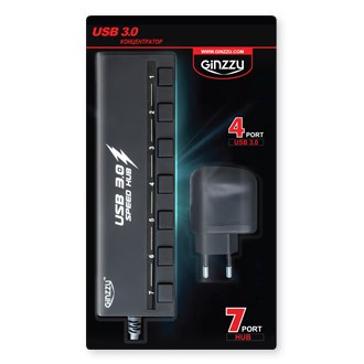 Разветвитель USB GINZZU GR-388UAB 7 port (4 USB 3.0+ 3 USB 2.0) + adapter