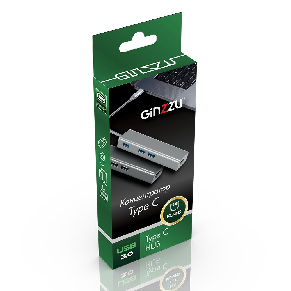 Разветвитель USB GINZZU GR-762UB (Type C, 1xUSB3.0, 2xUSB2.0, LAN 10/100Mb/s, металл)