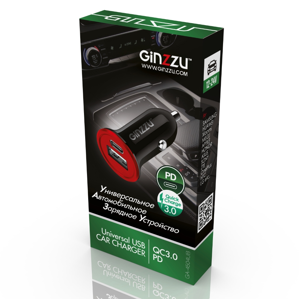 Автомобильное зарядное устройство GINZZU GA-4504UB в прикуриватель, USB -QC3.0(5V/9V/12V), Type C -PD-(5V/9V/12V)