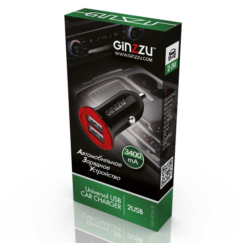 Автомобильное зарядное устройство GINZZU GA-4014UB в прикуриватель, 5В/3.4A(1A+2,4A), 2хUSB, input 12V-24V