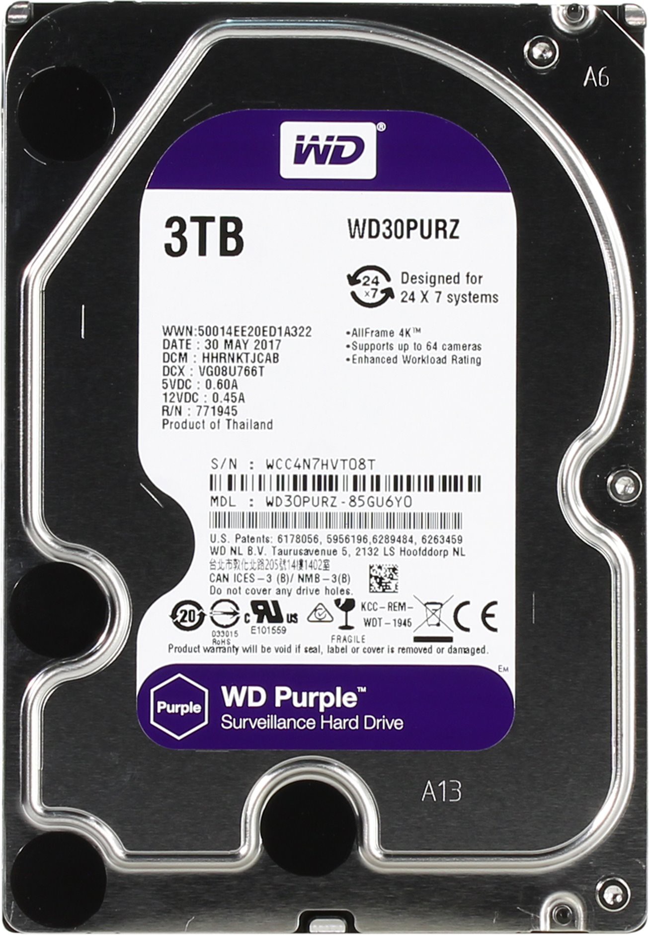   3Tb Western Digital WD30PURZ Purple (SATA 6Gb/s, 5400rpm, 64b)