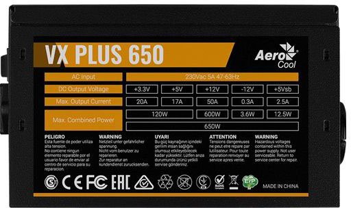   650W Aerocool VX-650 PLUS (24+8pin, 2x6/8pin, 3xMolex, 3xSATA)