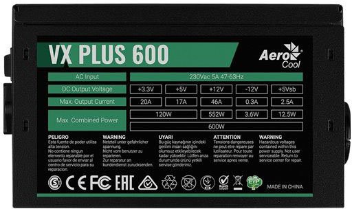 Блок питания 600W Aerocool VX-600 PLUS (24+8pin, 2x6/8pin, 3xMolex, 4xSATA)