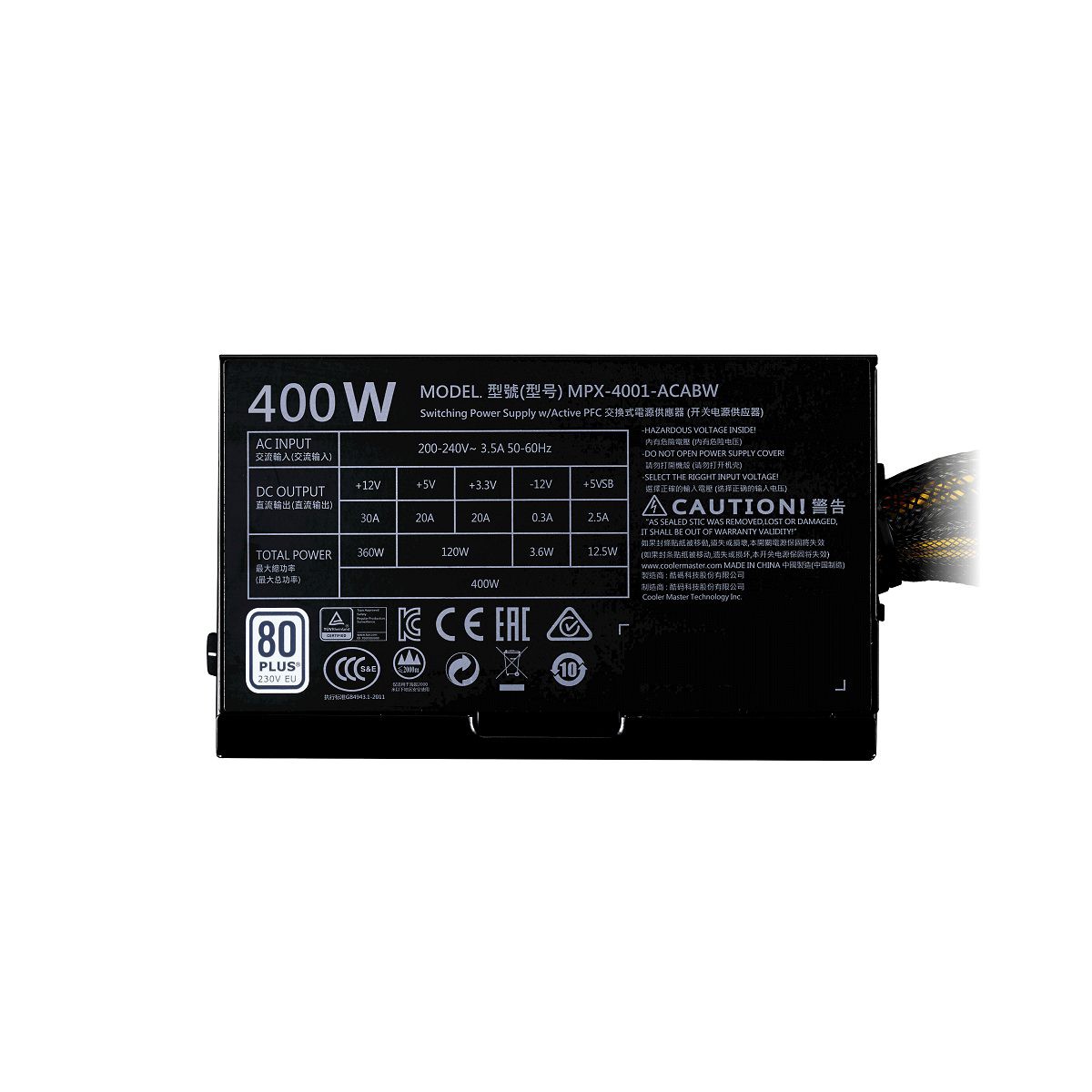 Блок питания 400W Cooler Master MasterWatt Lite (MPX-4001-ACABW-ES) (120мм, 24+8pin, 1x6/8pin, 3xMolex, 6xSata)