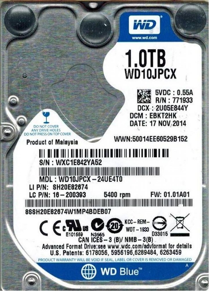 Жесткий диск 1Tb Western Digital Blue (WD10JPCX) SATA-3 5400rpm 8Mb