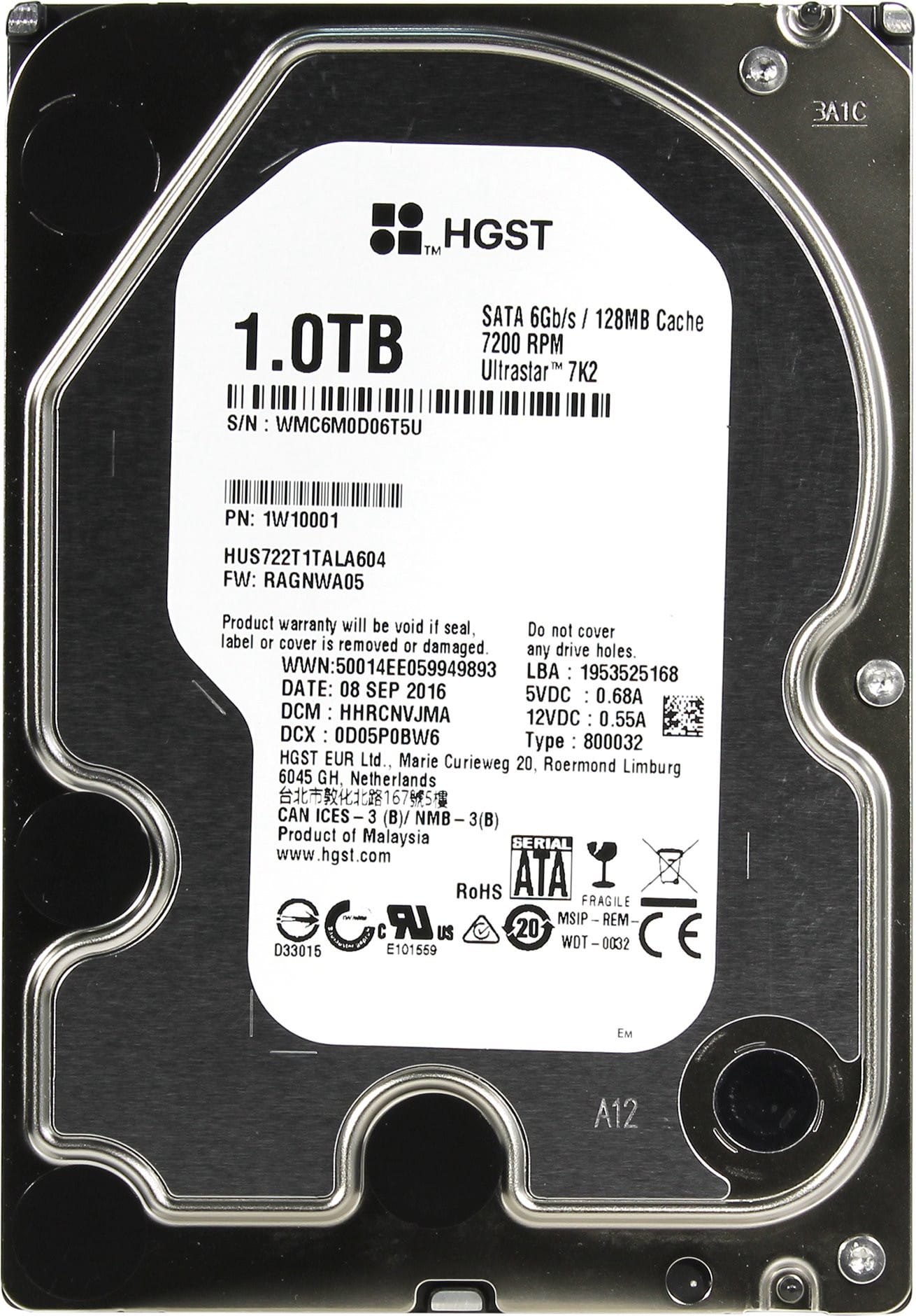 Жесткий диск 1Tb Hitachi Ultrastar 7K2 (HUS722T1TALA604) (SATA-6Gb/s, 7200rpm, 128Mb)