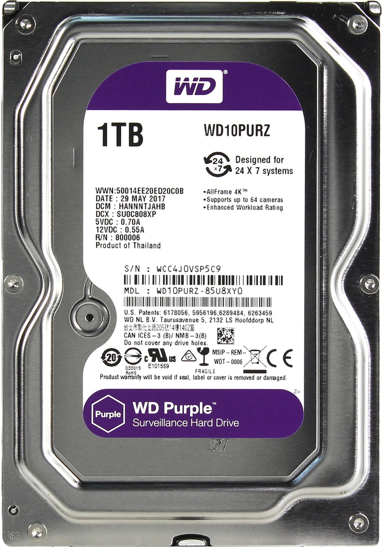 Жесткий диск 1Tb Western Digital WD10PURZ Purple (SATA-6Gb/s, 5400rpm, 64Мb)