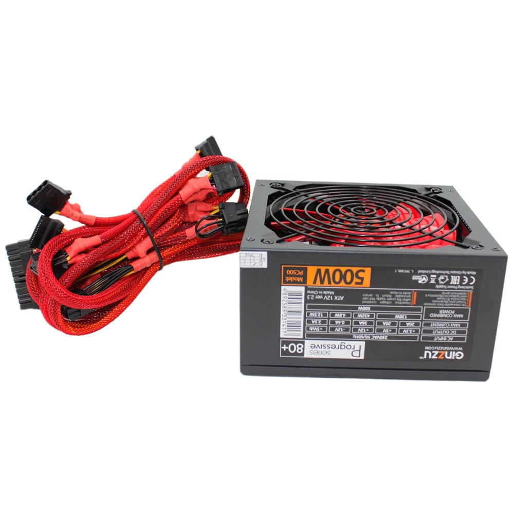 Блок питания 500W GINZZU PC500 (140мм, 24+8pin, 2x6/8pin, 4xMolex, 5xSATA, КПД>80%)